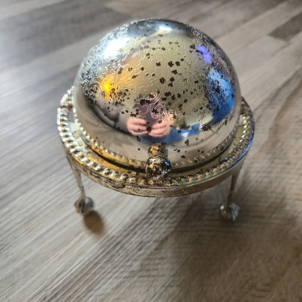 Antique Silverplate Revolving Roll Top Dome‎ Butter Dish Ornate Footed Caviar